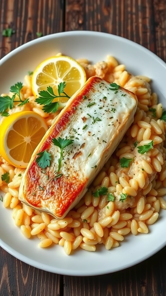 A plate of lemon herb sea bass on orzo with garnishes, served on a rustic table.